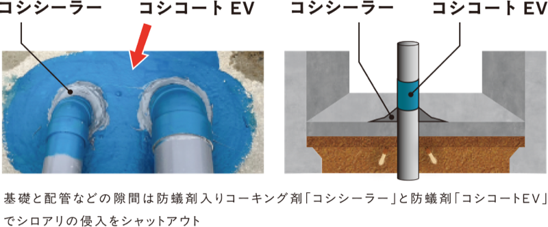 基礎と配管などの隙間は防蟻剤入りコーキング剤「コシシーラー」と防蟻剤「コシコートEV」でシロアリの侵入をシャットアウト